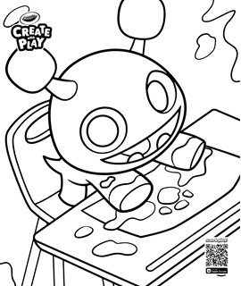 alien character wearing a backpack while floating in a swirly vortex with crayon and notebook