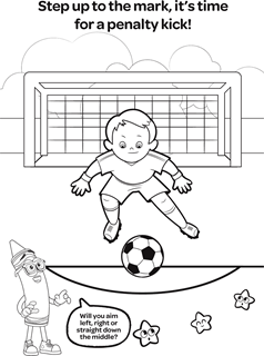 Step up to the mark, it's time for a penalty kick messaging with kid on soccer field in front of soccer goal